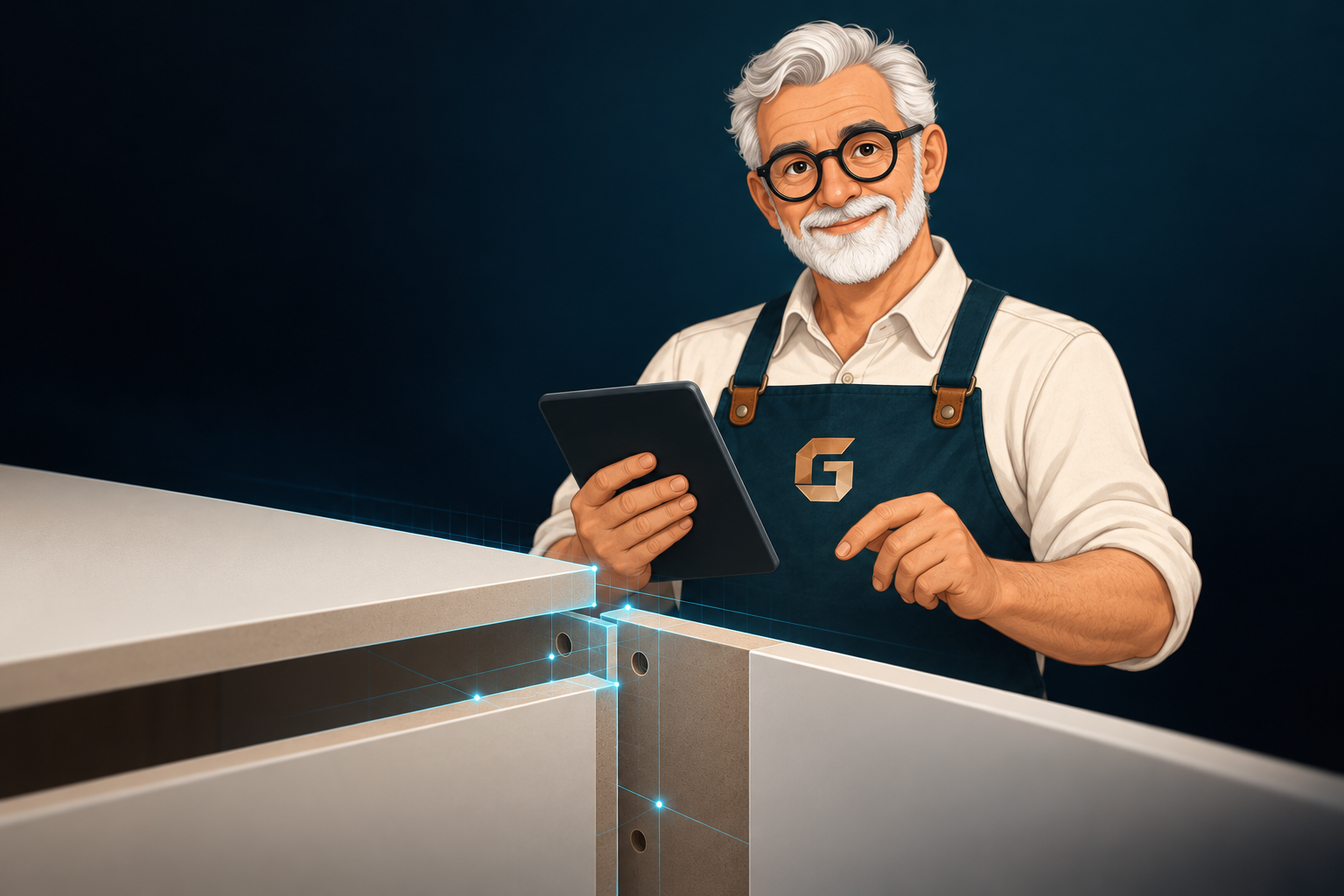 Geppetto com tablet, ao lado de peças de MDF e linhas digitais de conexão